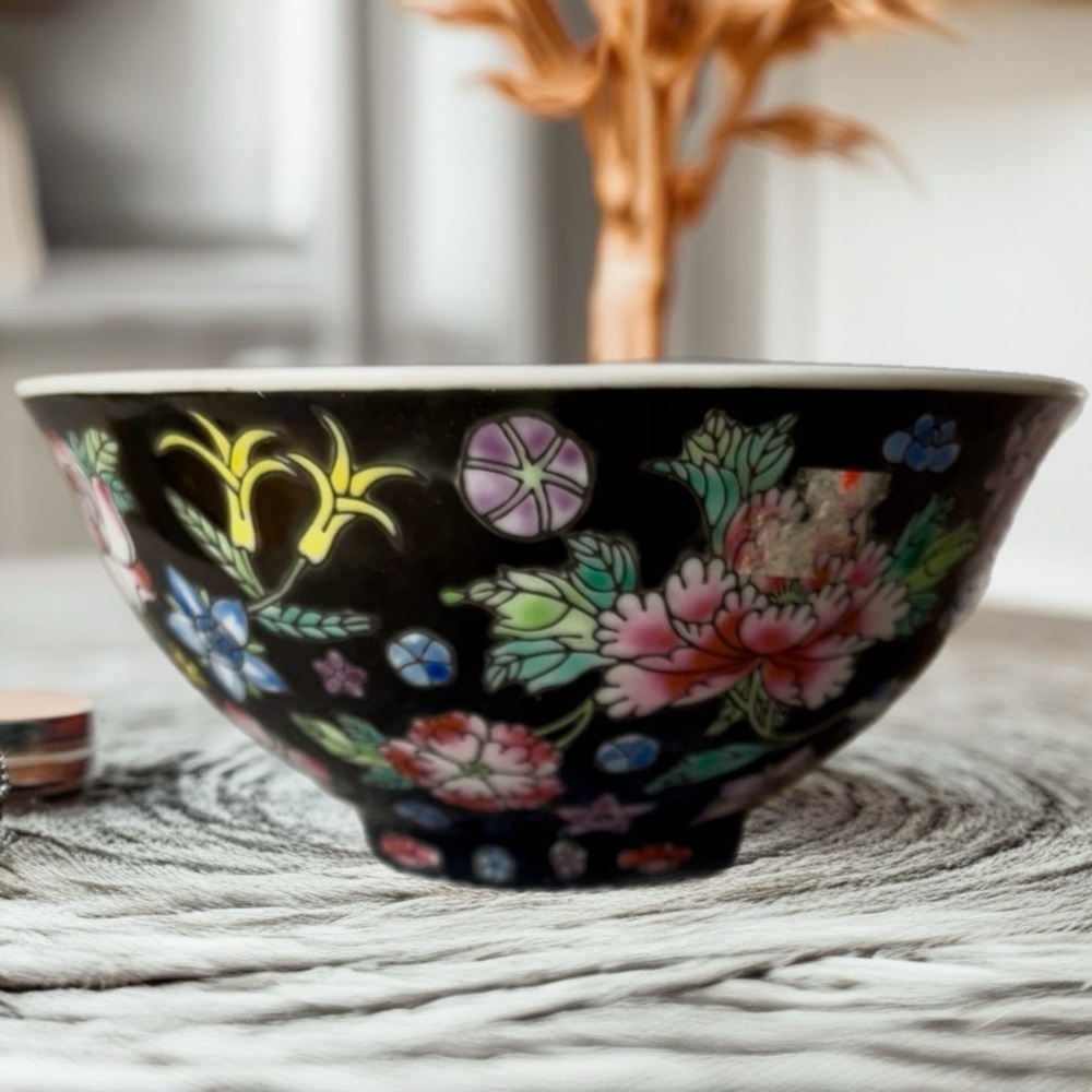 Vintage Floral Black Ceramic Bowl